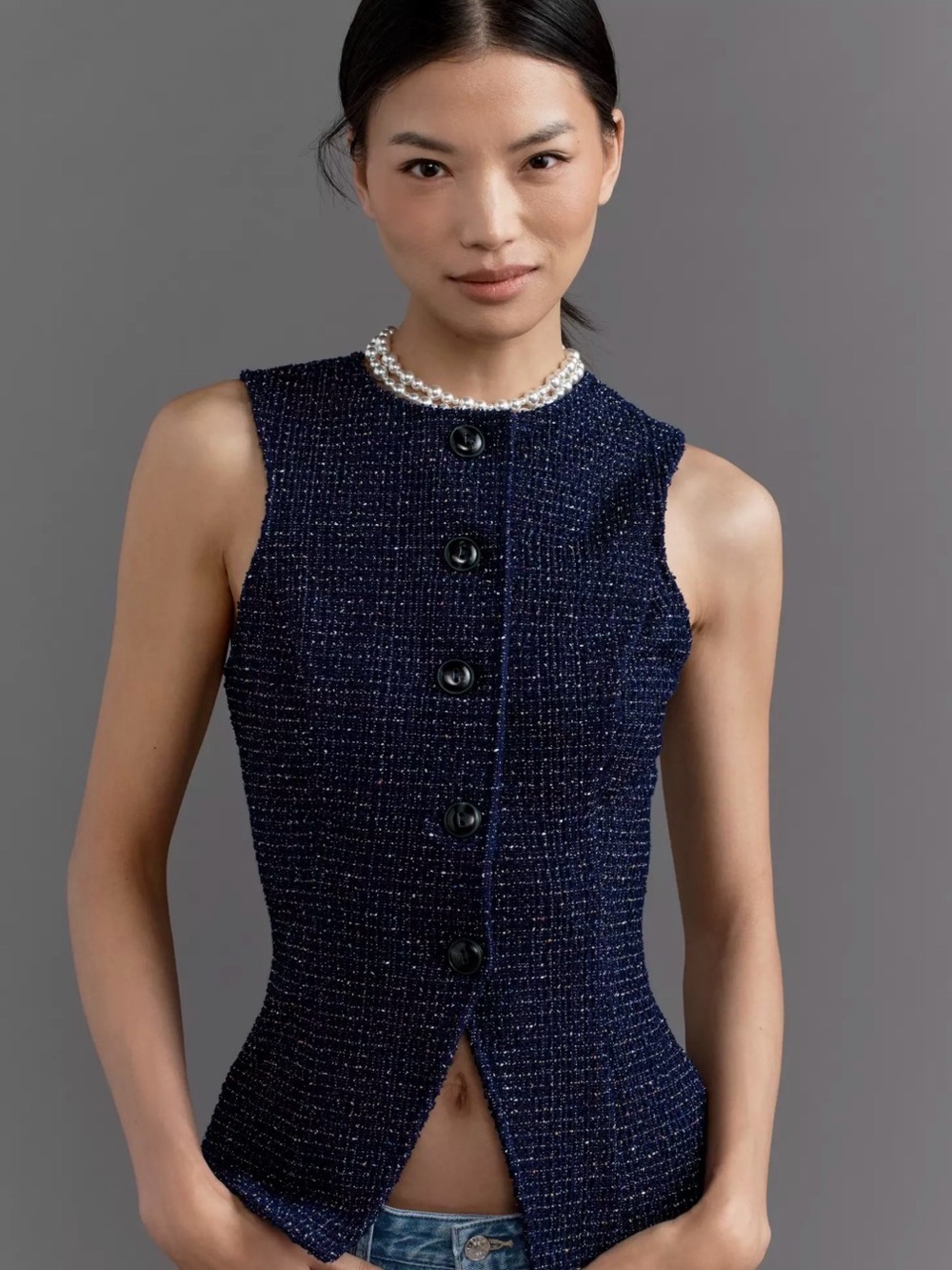 Maeve Navy Tweed Sleeveless Button-Front Vest, NWT